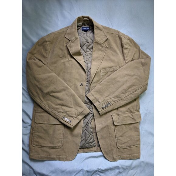 Lands End Blazer Tan Cotton Quilted Lined Three Button Jacket Mens Size L 42-44 - Picture 2 of 11